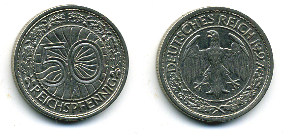 Германия 50 рейхспфеннигов 1927 A KM 49, J. 324 никель 58-222