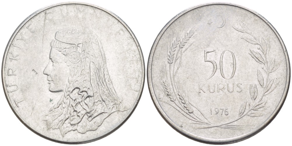 Турция 50 курушей 1976 Анатолийская невеста KM 899 нержавеющая сталь 65-656