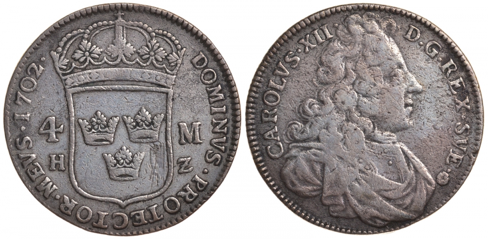 Швеция 4 марки 1702 Карл XII KM 315 серебро 00-804-60