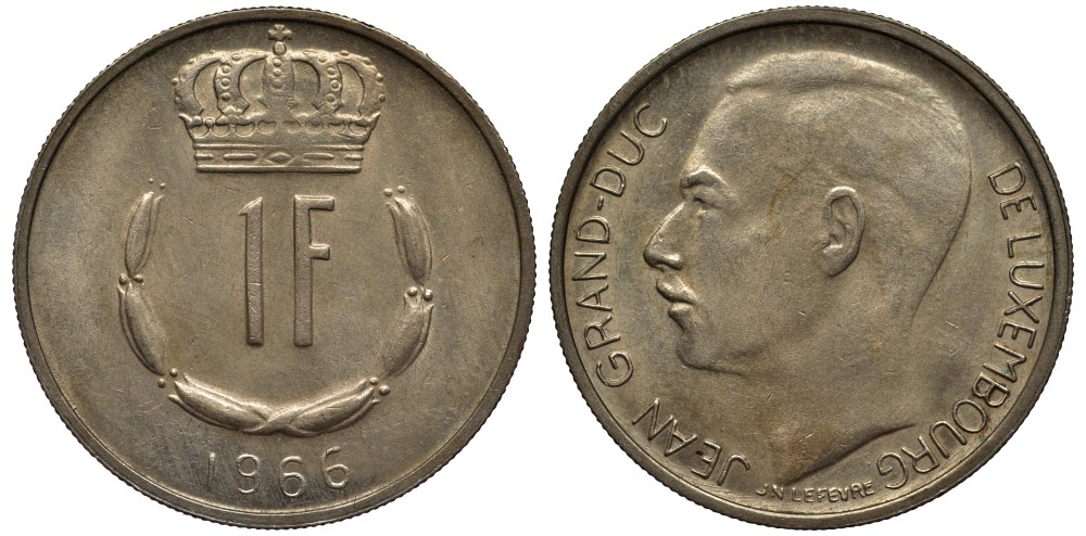 Люксембург 1 франк 1966 Великий герцог Жан (1964-1999) KM 55 медно-никель 4538-924