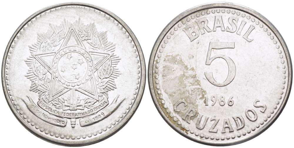 Бразилия 5 крузадо 1986 реформа (1986-1989) KM 606 нержавеющая сталь 24-1215