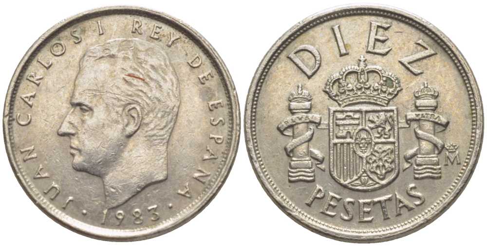 ИСПАНИЯ 10 ПЕСЕТ 1983 ХУАН КАРЛОС I KM 827 медно-никель 116-614