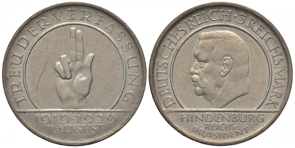 Германия 3 марки 1929 A, 10 лет Веймарской Конституции, цена по каталогу МТ 100 евро J. 340, KM 63 серебро aUNC 11-070-55