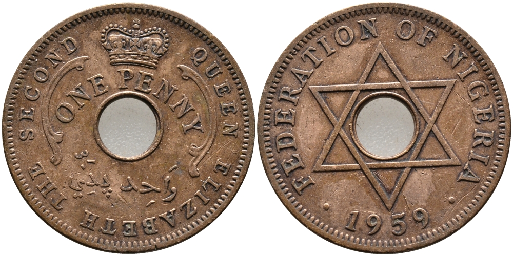 Нигерия 1 пенни 1959 Елизавета II (1952-), Британский протекторат KM 2 бронза 51-1737