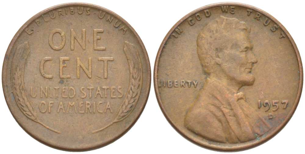 США 1 ЦЕНТ 1957 D, ЛИНКОЛЬН KM А132 медь цинк 218-723