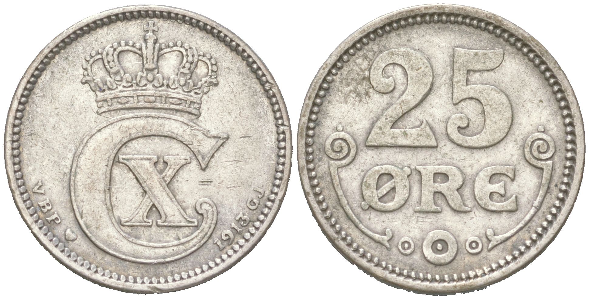 Дания 25 эре 1913 Кристиан X (1912-1947) KM 815 серебро 4621-1023