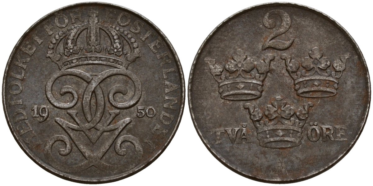 Швеция 2 эре 1950 Густав V (1907-1950) KM 811 железо 4189-739
