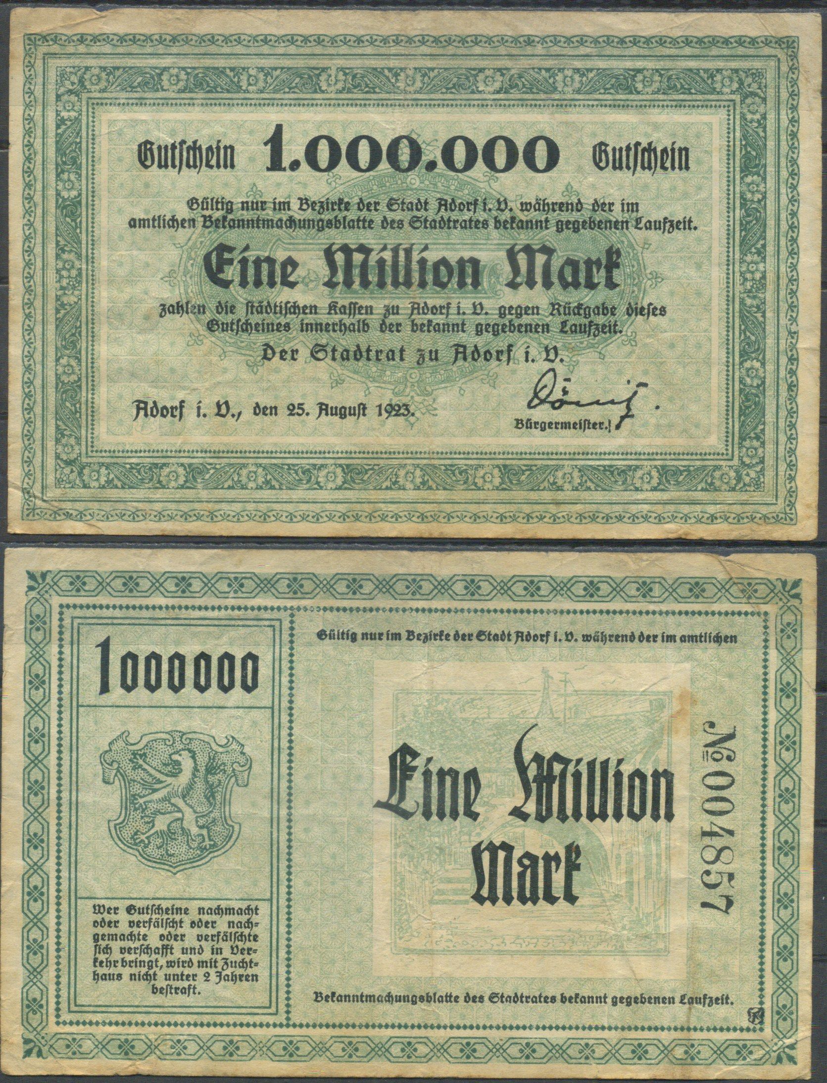 Адорф-им-Фогтланд 1000000 марок 1923 бумага 6285-41-1-2