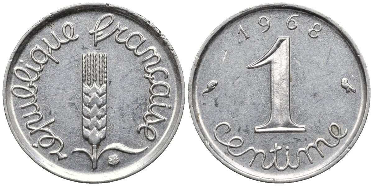 Франция 1 сантим 1968 KM 928, Le Franc 106.15 хромированная сталь 4124-1264