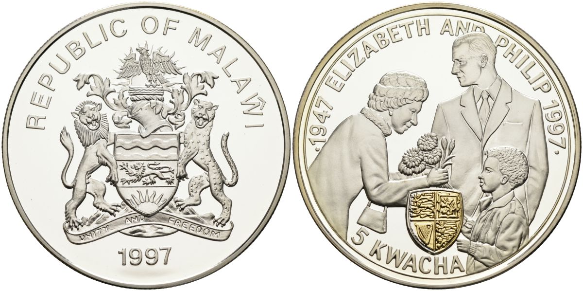 Малави 5 квача 1997 50 лет (золотая) свадьба Елизаветы и Филиппа, позолота KM 41 серебро PROOF 04-138-21