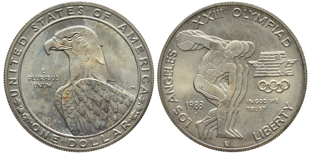 США 1 доллар 1983 XXII Олимпийские игры в Лос-Анжелесе, дискобол, S KM 209 серебро UNC 1523-441