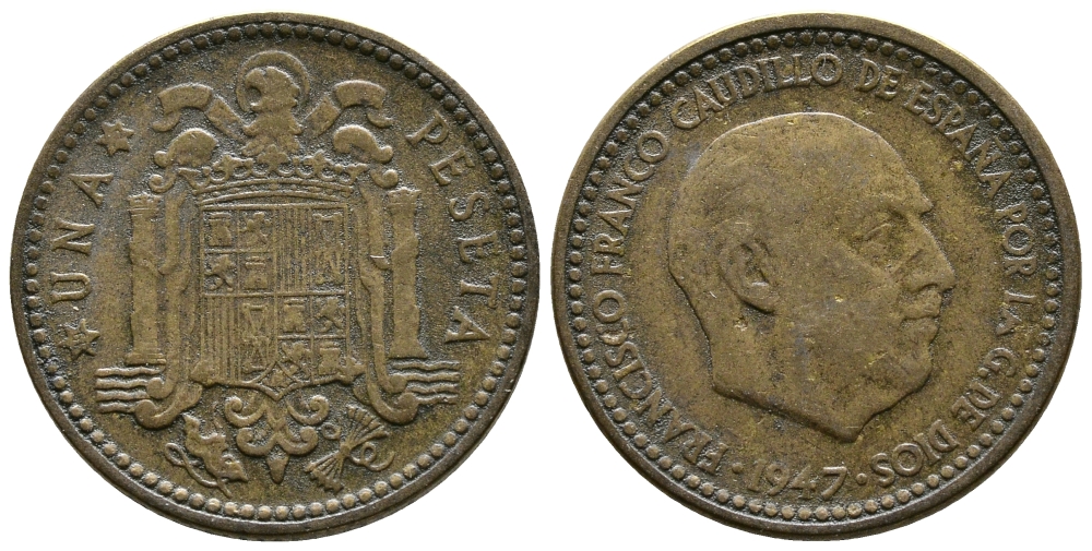 ИСПАНИЯ 1 ПЕСЕТА 1947 (52) ФРАНСИСКО ФРАНКО ДИКТАТОР ИСПАНИИ (1939-1975) KM 775 алюминиевая бронза 4110-1421