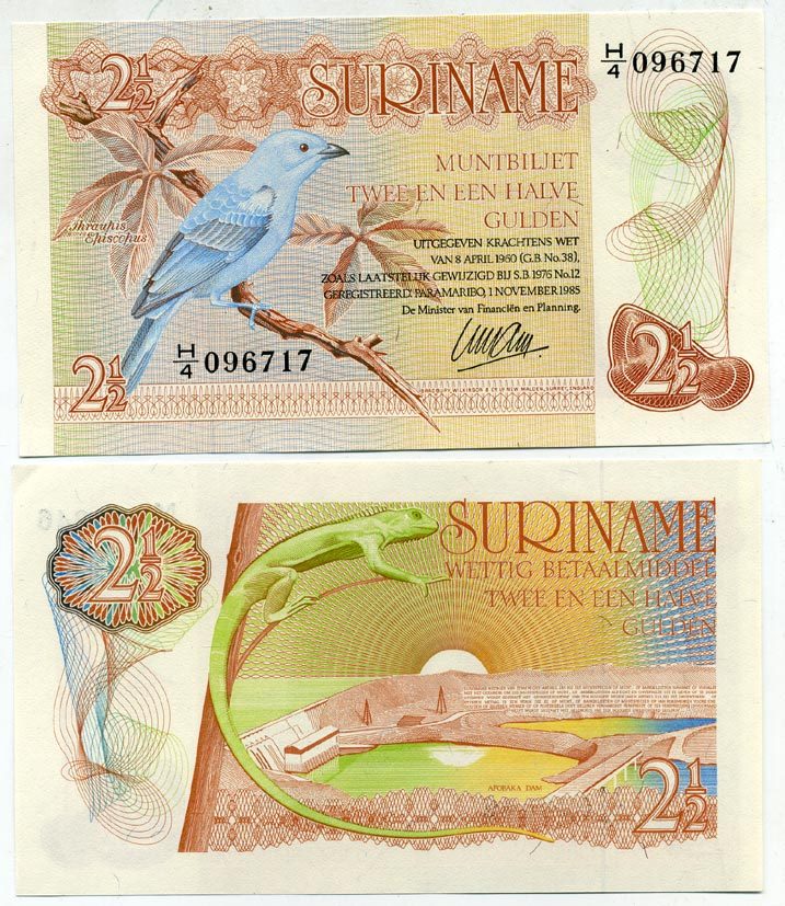 Суринам 2 1/2 гульдена 1985 голубая танагра, дамба Pick 119 a бумага UNC (пресс) 6266-25-3-2
