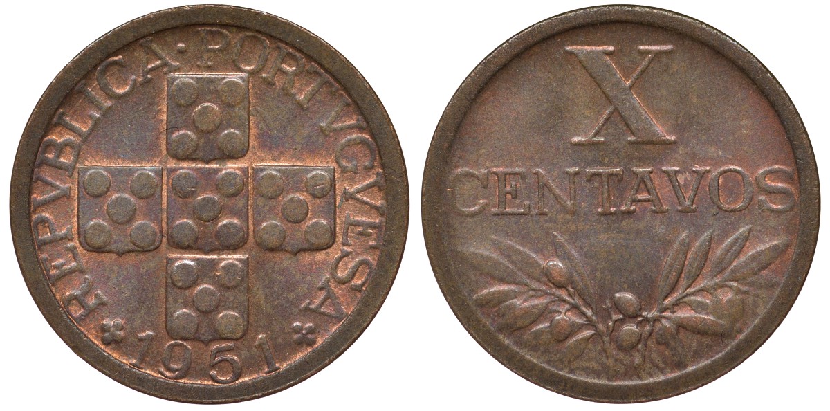 Португалия 10 сентаво 1951 редкий год, хорошее состояние KM 583 бронза 4164-166