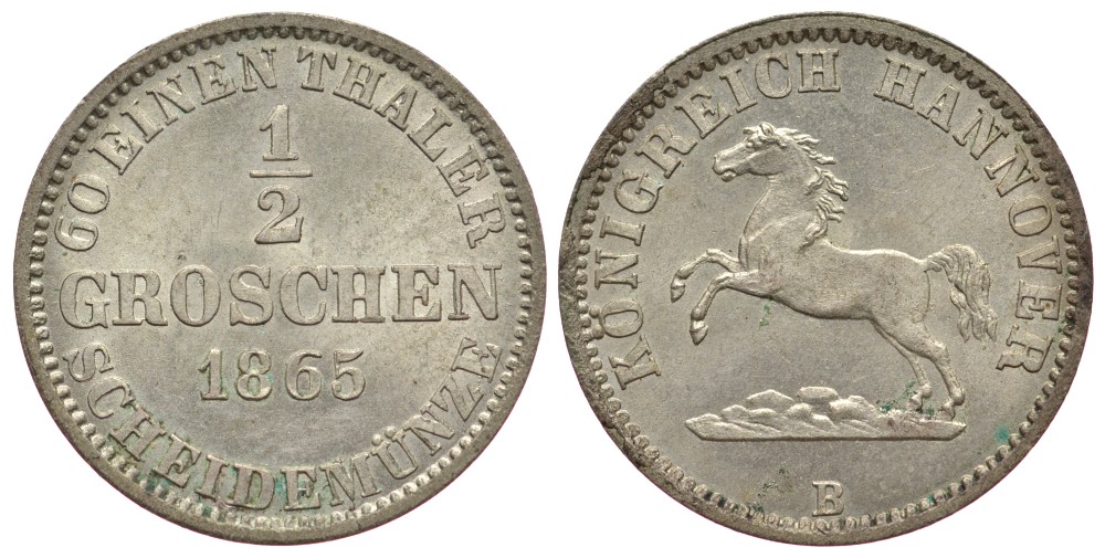 Брауншвейг-Каленберг-Ганновер 1/2 грошена 1865 В, Георг  V (1851-1866) KM 235, AKS 149 серебро  aUNC  413-2724