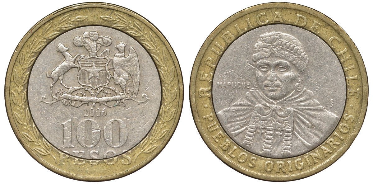 Чили 100 песо 2006 индейцы Мапуче KM 236 биметалл 4681-527