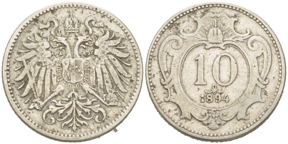 АВСТРИЯ 10 ГЕЛЛЕРОВ 1894 KM 2802 никель 3955-662