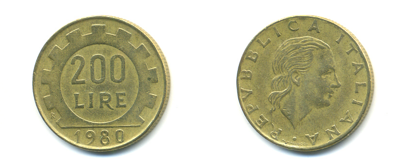 Италия 200 лир 1980 R, шестерня KM 105 алюминиевая бронза 89-724