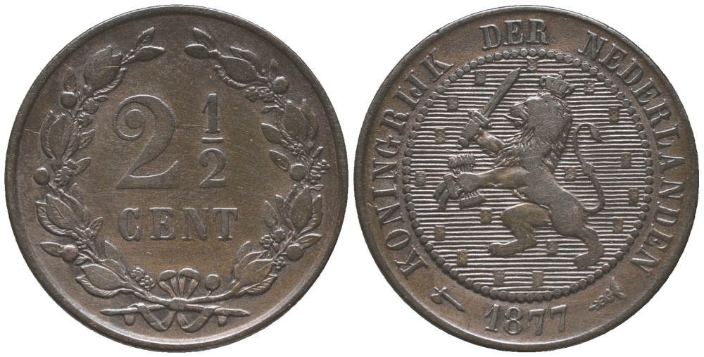 НИДЕРЛАНДЫ 2 1/2 ЦЕНТА 1877 ВИЛЬЯМ III (1849-1890) KM 108 бронза 28-1244