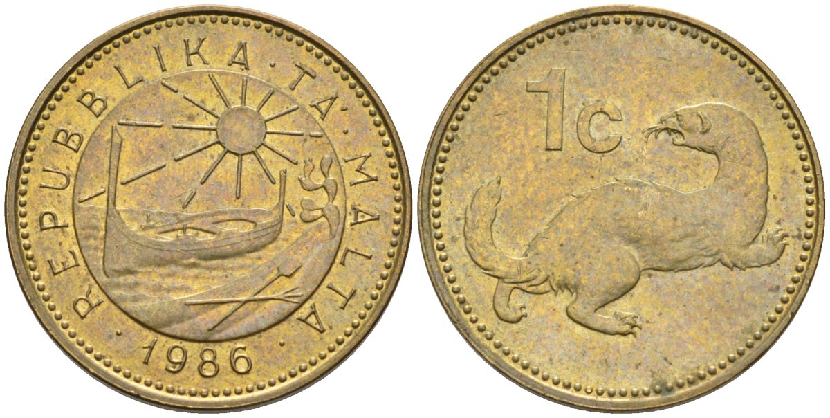 Мальта 1 цент 1986 ласка, горностай KM 78 никель латунь 4585-1138