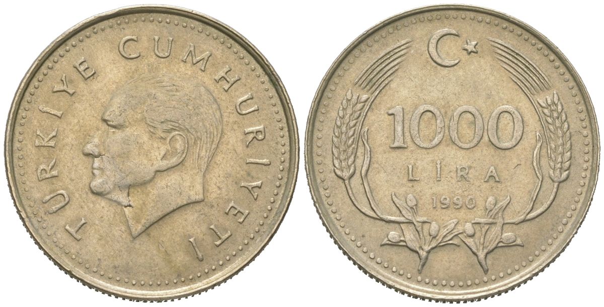 Турция 1000 лир 1990 KM 997 медь цинк никель 4582-425