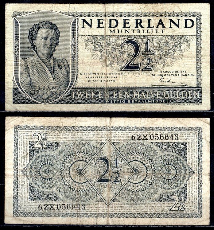 Нидерланды 2 1/2 гульдена 1945 Pick 73 бумага 7457-15-1-2