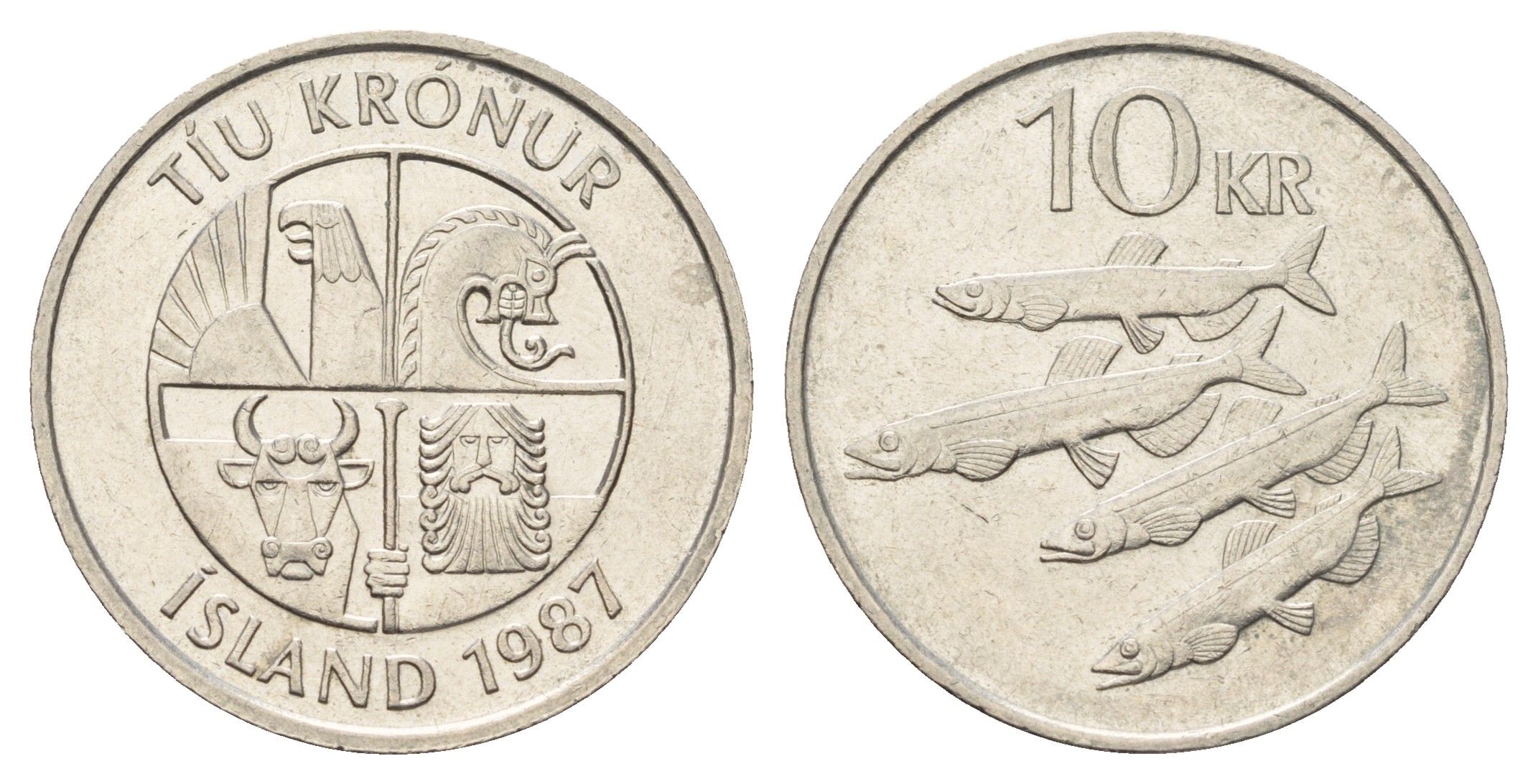 Исландия 10 крон 1987 рыбы KM 29.1 медно-никель 4678-1022