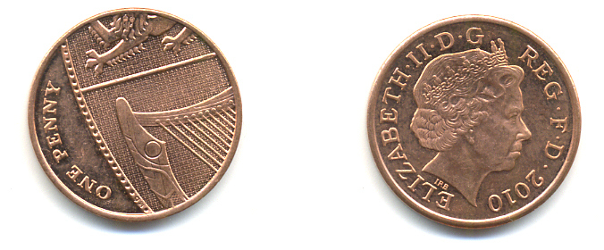 Великобритания 1 пенни 2010 Елизавета II (1952-2022) KM 1107, Spink B6 сталь плакированная медью 177-1221