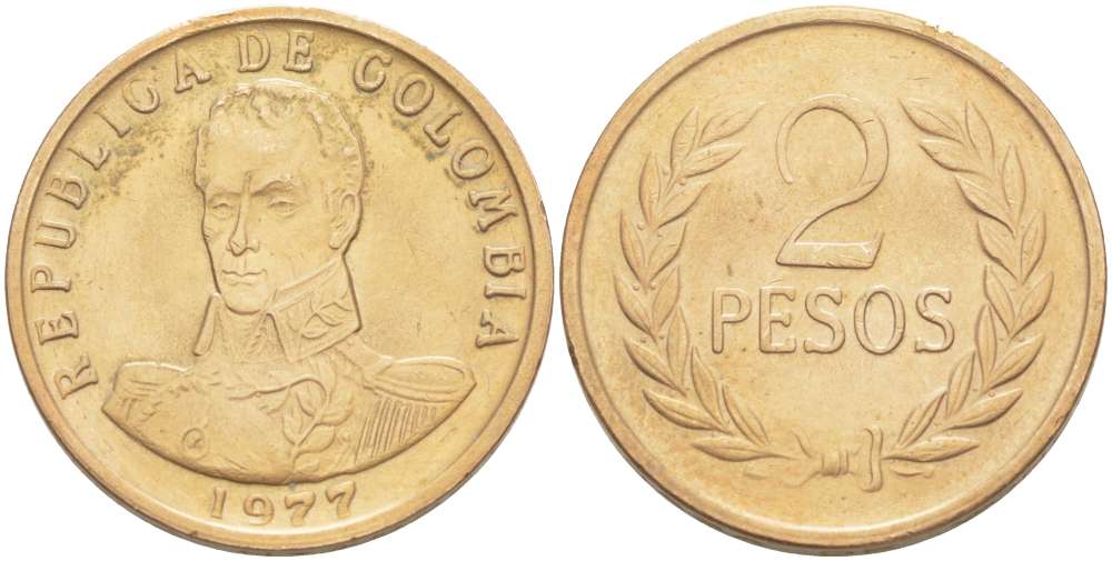 Колумбия 2 песо 1977 Симон Боливар KM 263 бронза 4519-615