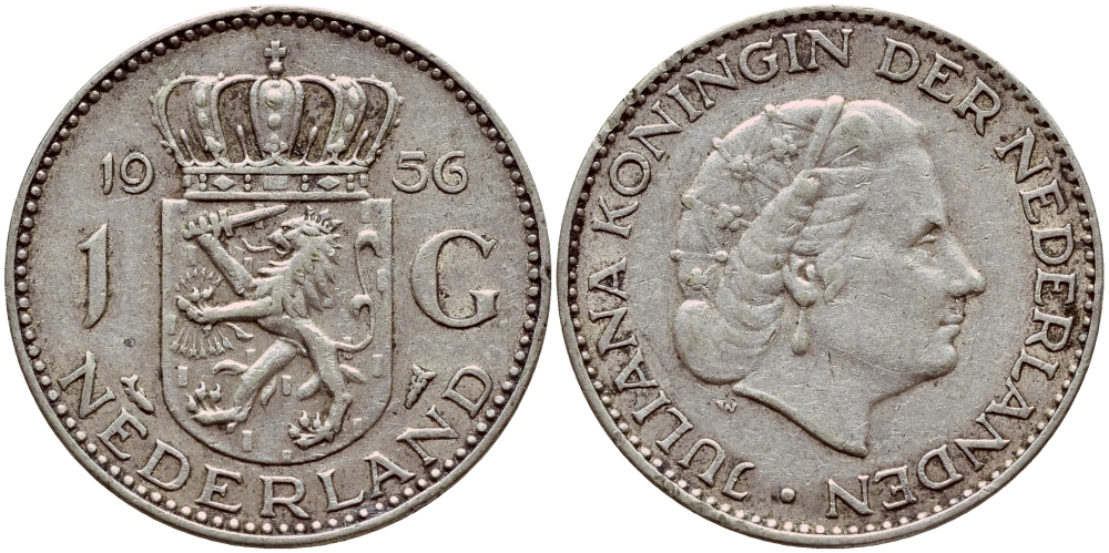 Нидерланды 1 гульден 1956 Юлиана (1948-1980) KM 184 серебро 1522-141