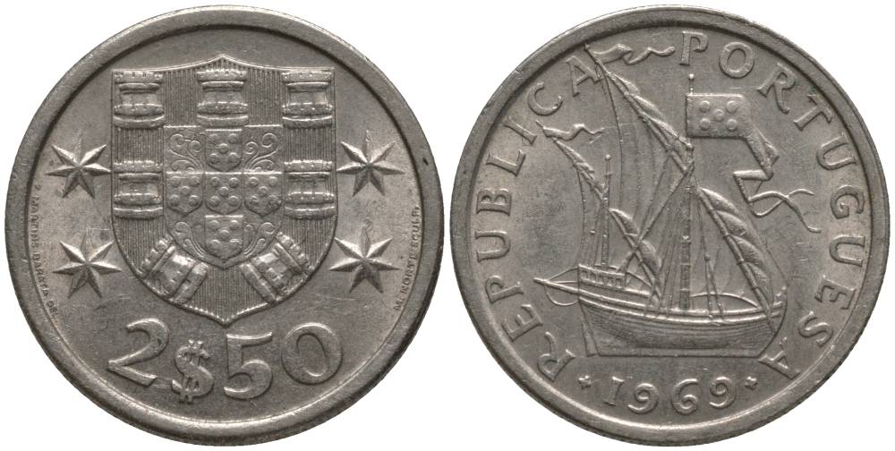 ПОРТУГАЛИЯ 2,5 ЭСКУДО 1969 ПАРУСНИК KM 590 медно-никель 181-333