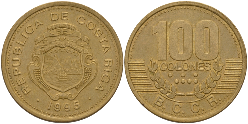 КОСТА-РИКА 100 КОЛОН 1995 w KM 230 сталь плакированная латунью 82-223