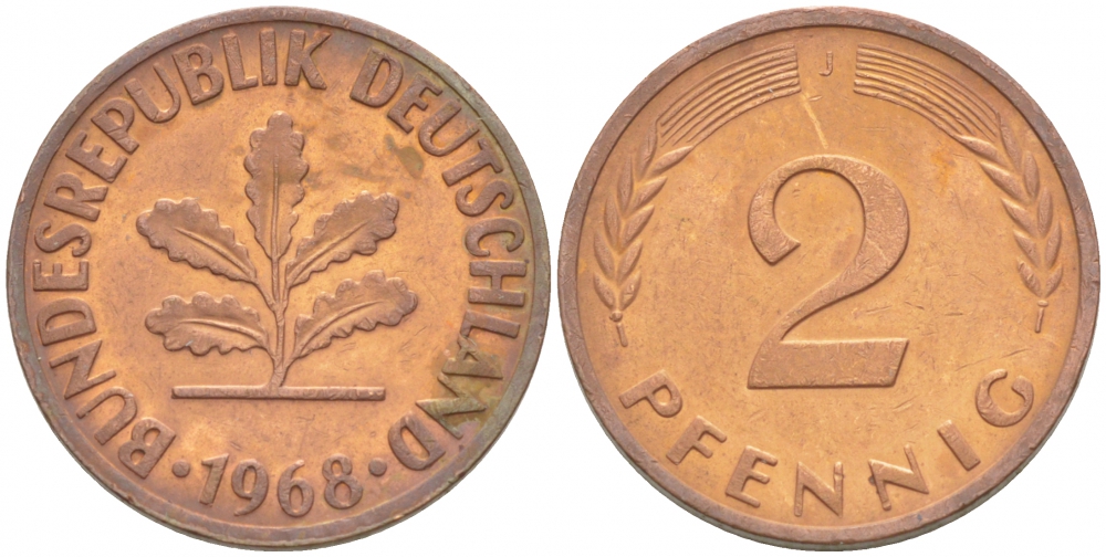 ФРГ 2 ПФЕННИГА 1968 J KM 106a, J.381a сталь плакированная сталь плакированная медьюю 3718-366