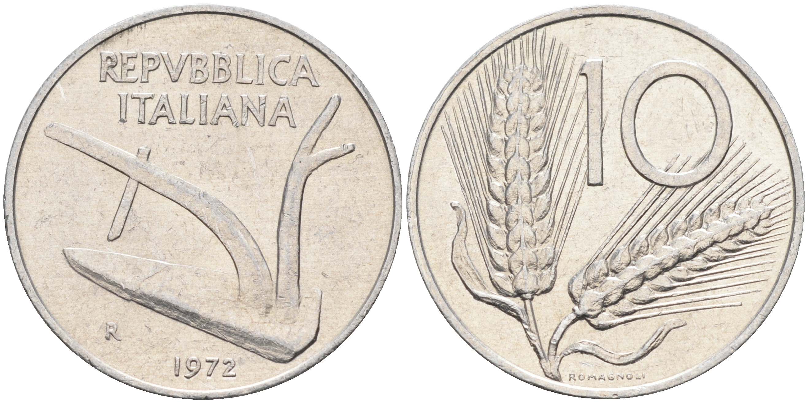 Италия 10 лир 1972 R, плуг KM 93 алюминий    4592-1253