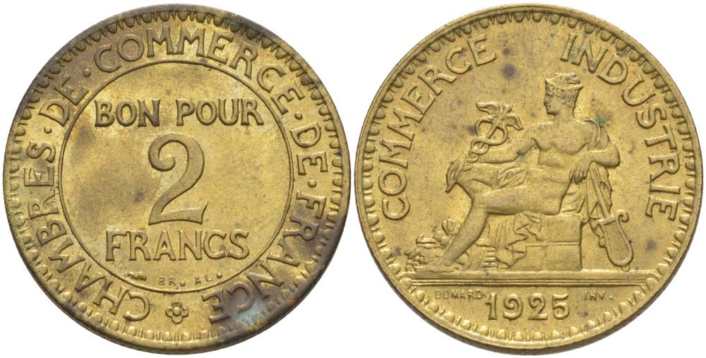 ФРАНЦИЯ 2 ФРАНКА 1925 ТИП CHAMBRES DE COMMERCE KM 877, LE FRANC 267.7 алюминиевая бронза 69-1235