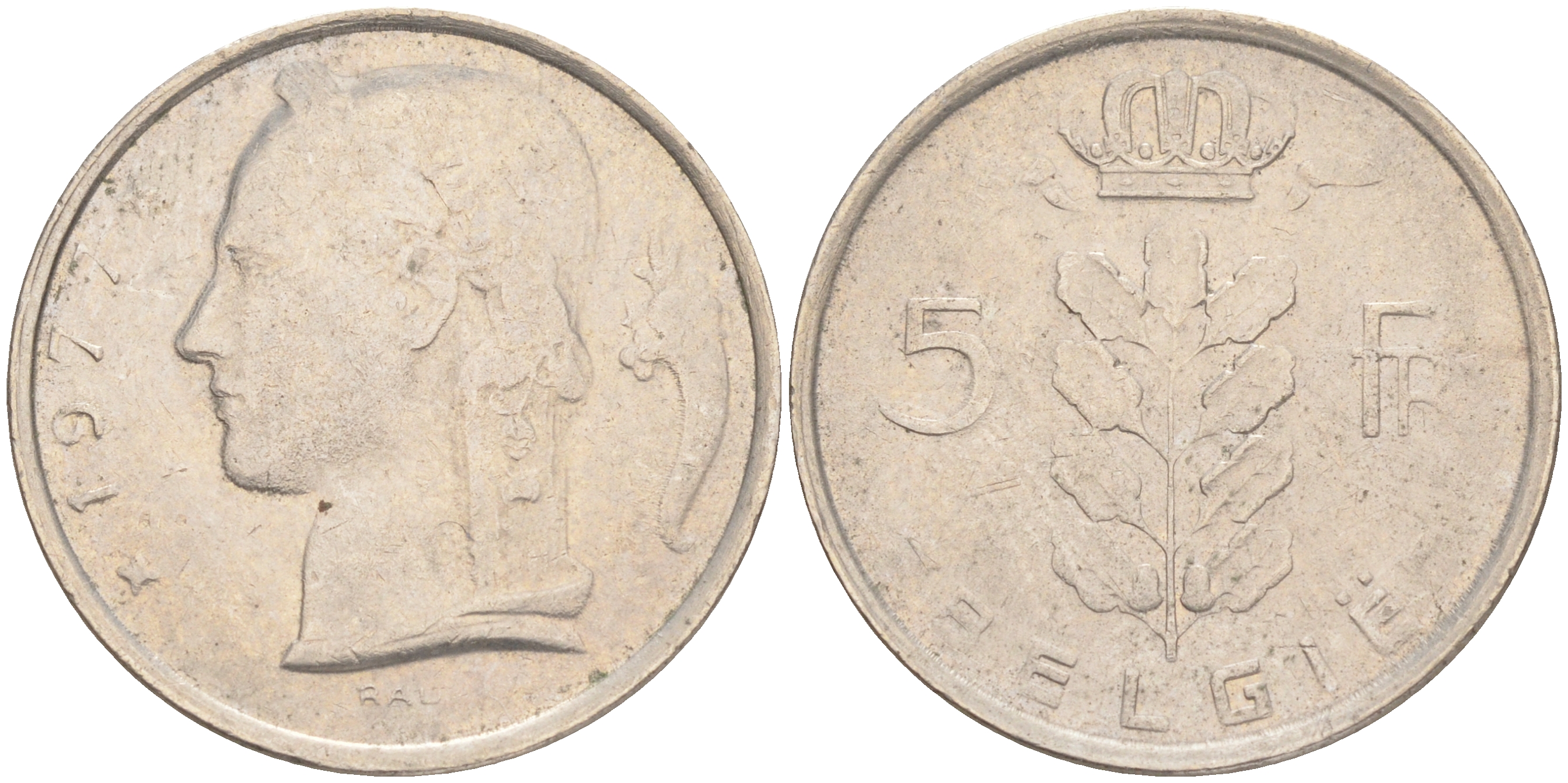 БЕЛЬГИЯ 5 ФРАНКОВ 1977 BELGIE KM 135.1 медно-никель 4556-554