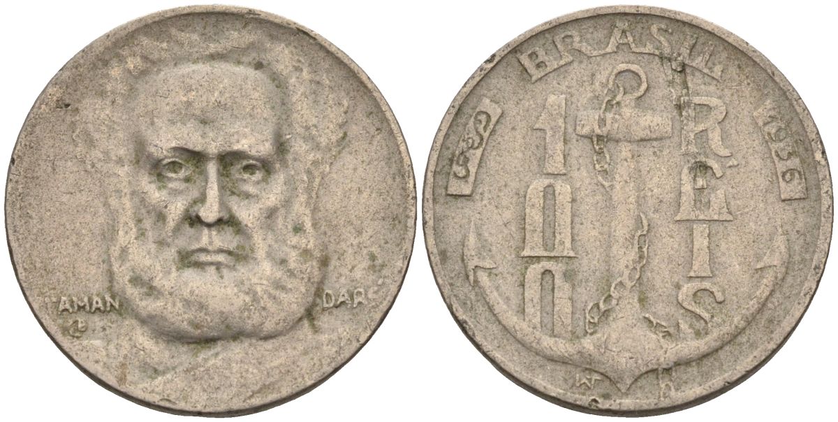 Бразилия 100 рейс 1936 Маркиз Тамандаре KM 536 медно-никель 4115-533