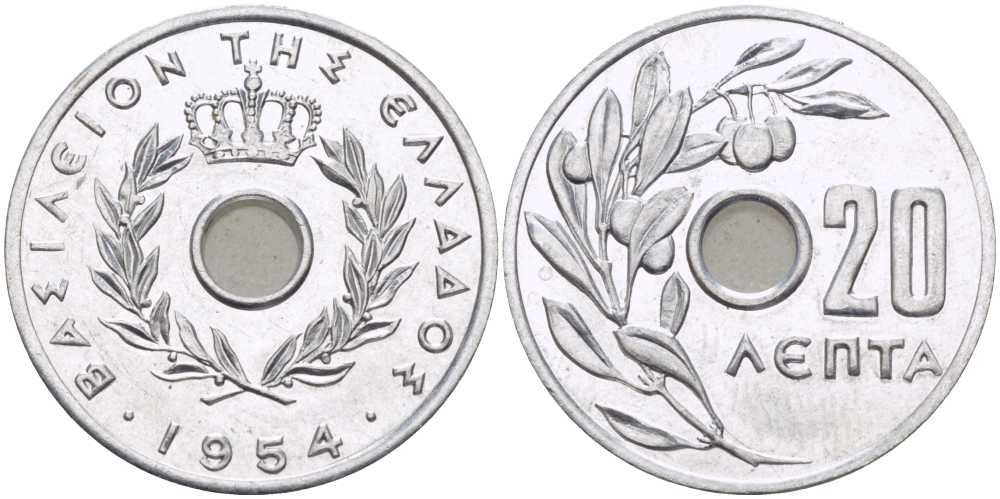 Греция 20 лепта 1954 Павел I (1947-1964), оливковая ветвь KM 79 алюминий UNC 28-354
