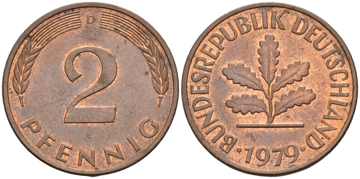 ФРГ 2 пфеннига 1979 D KM 106a, J.381 сталь плакированная медью 4115-143