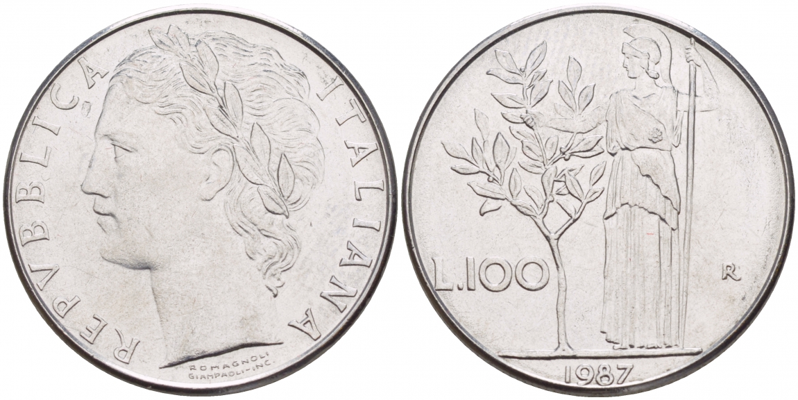 ИТАЛИЯ 100 ЛИР 1987 R, АФИНА У ОЛИВКОВОГО ДЕРЕВА KM 96.1 нержавеющая сталь 4545-732