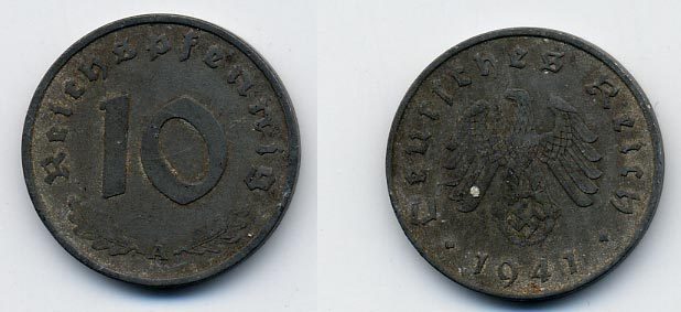 ГЕРМАНИЯ 10 РЕЙХСПФЕННИГОВ 1941 A KM 101, J 371 цинк 36-942