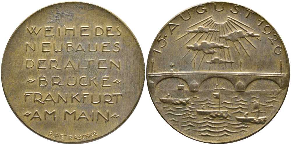 ФРАНКФУРТ МЕДАЛЬ 1926 РЕСТРАЙК, НА ОСВЕЩЕНИЕ НОВОГО МОСТА В ФРАНКФУРТЕ ЧЕРЕЗ МАЙН 15 АВГУСТА 1926, (WEIHEDES NEUBAUES DERALTEN BRUCKE), ДИАМЕТР 33,5 ММ., ВЕС 12,8 ГР. бронза 1084-7-13