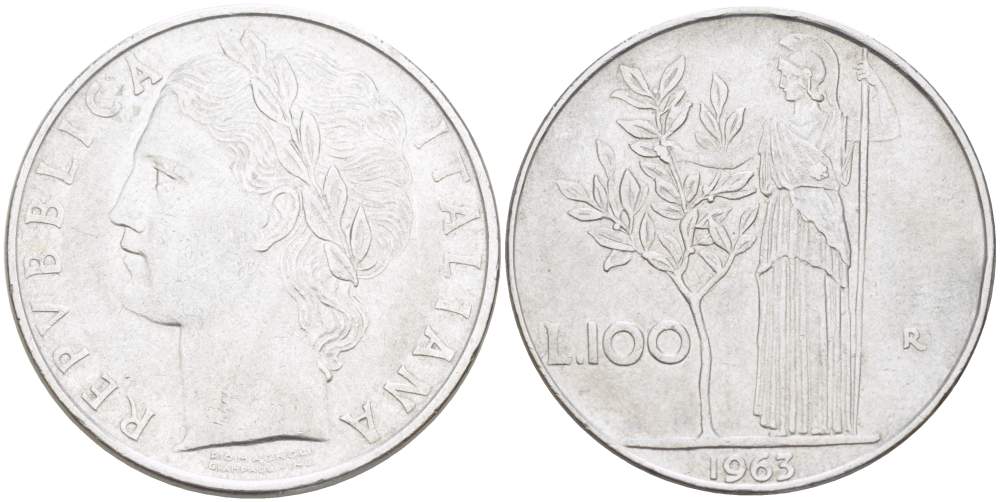 ИТАЛИЯ 100 ЛИР 1963 R, АФИНА KM 96.1 нержавеющая сталь 4526-126