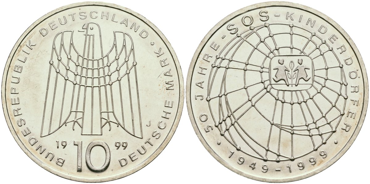 ФРГ 10 марок 1999 J, 50 лет организации защиты детей KM 198 серебро UNC 04-137-11