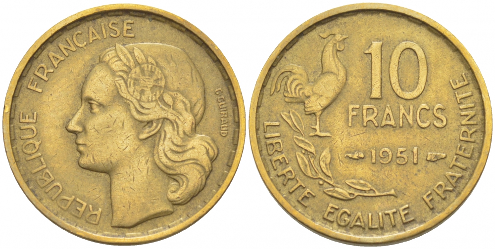 Франция 10 франков 1951 петух KM 915.1, Le Franc 363.4 алюминиевая бронза 3309-1122