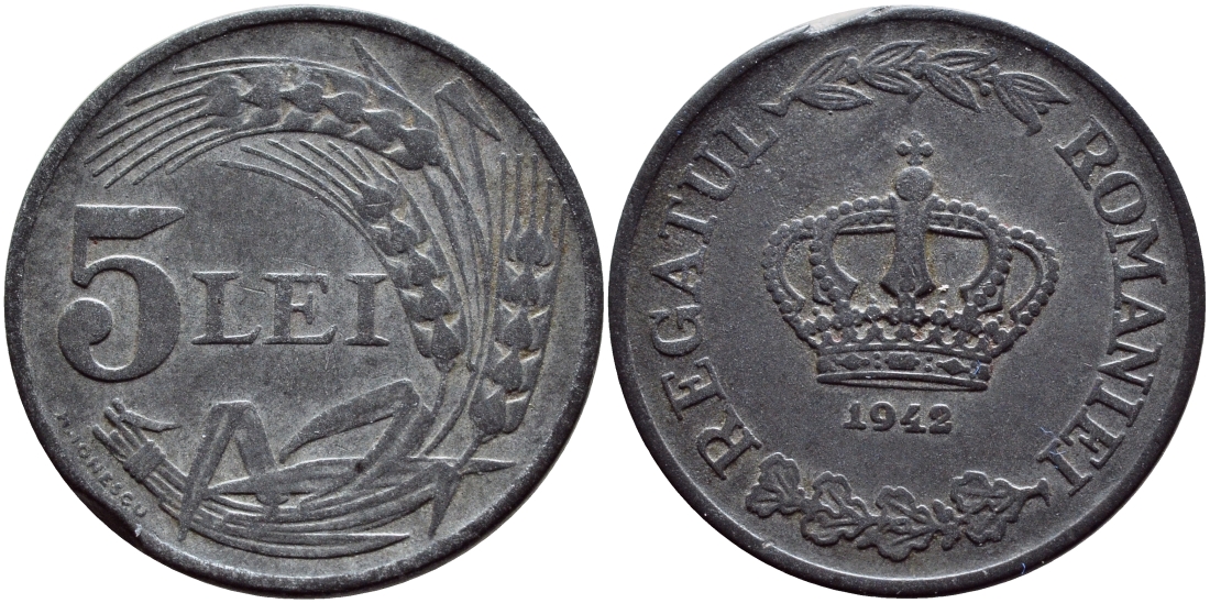 РУМЫНИЯ 5 ЛЕЙ 1942 МИХАЙ I (1940-1947), ВТОРАЯ МИРОВАЯ ВОЙНА KM 61 цинк 4390-1111