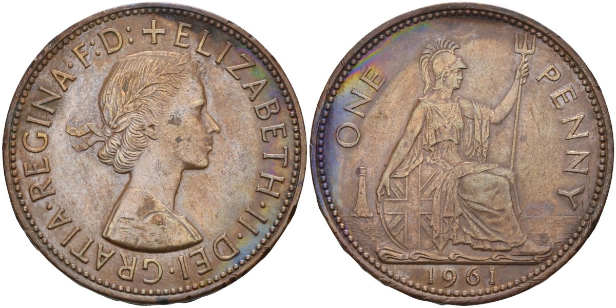 Великобритания 1 пенни 1961 Елизавета II (1952-2022) KM 897, Spink 4157 бронза 4117-844