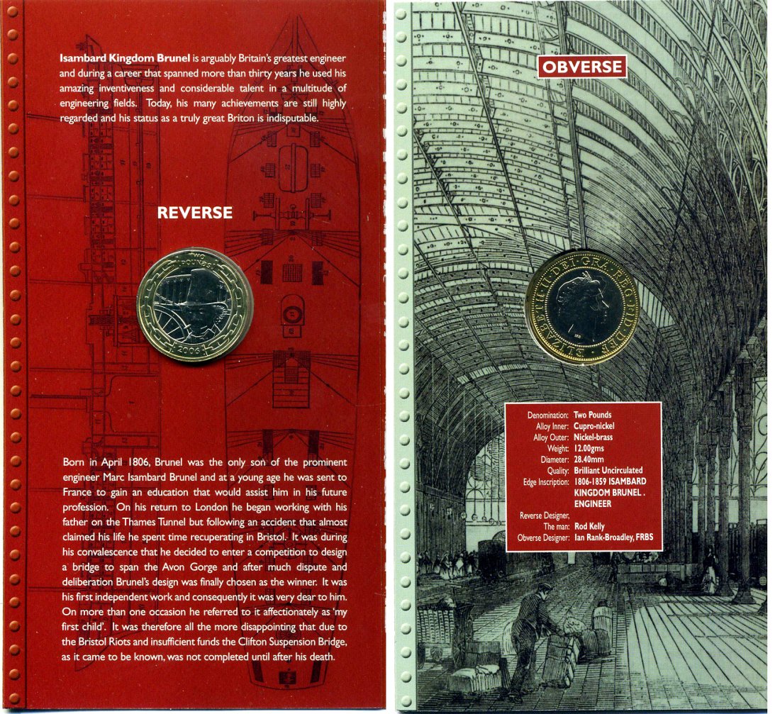Великобритания набор из 2 монет по 2 фунта 2006 Елизавета II (1952-2022), 200 лет со дня рождения Изамбарда Кингдома Брюнеля - станция Паддингтон, в оригинальном картонном буклете KM 1061 Spink K20 биметалл BUNC 00-00