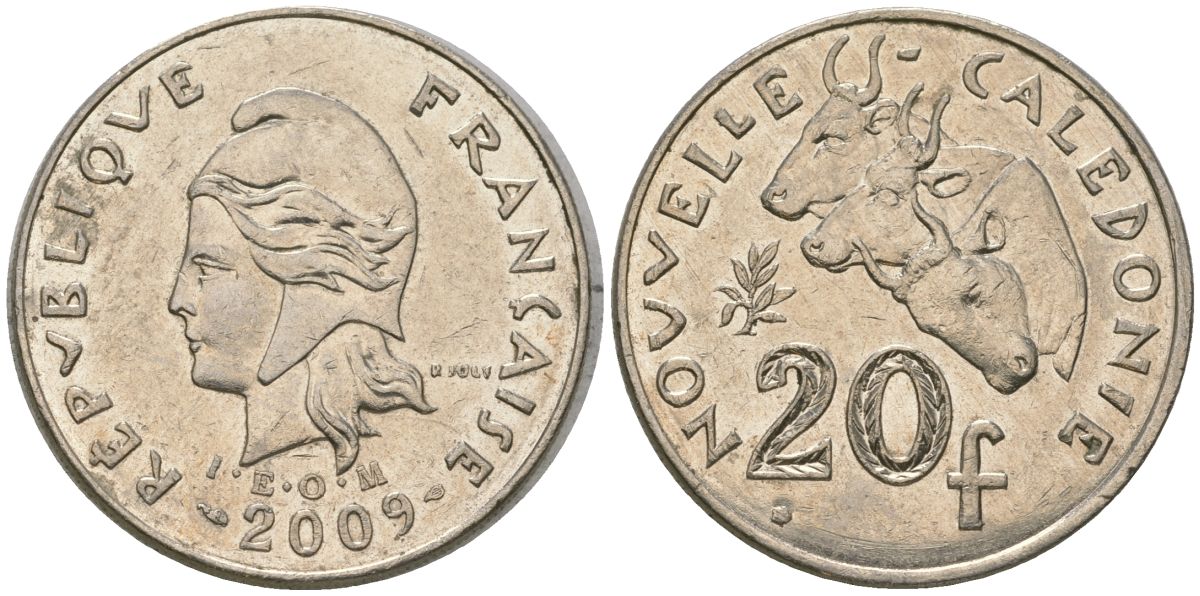 Французская Новая Каледония 20 франков 2009 три быка, (IEOM) KM 12a, Schoen 14a медно-никель 4137-116