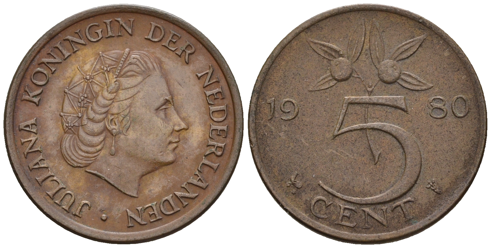 Нидерланды 5 центов 1980 Юлиана (1948-1980) KM 181 бронза 4606-1025